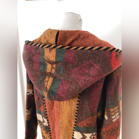 Vintage 80s 90s Southwestern Hooded Wool Blanket Coat / Wool Duster Coat - Picture 15 of 16